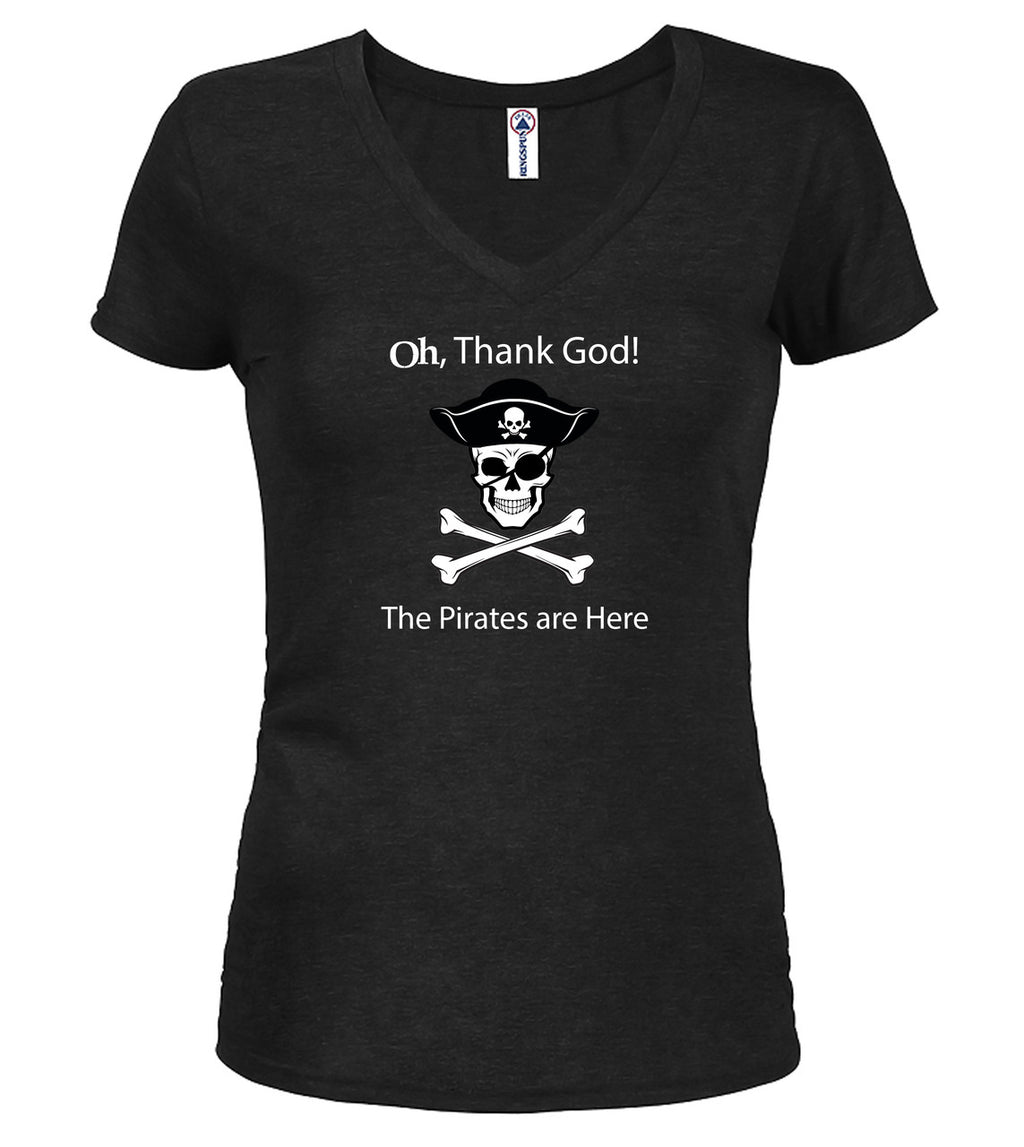 Black The Pirates are Here Juniors V-Neck T-Shirt
