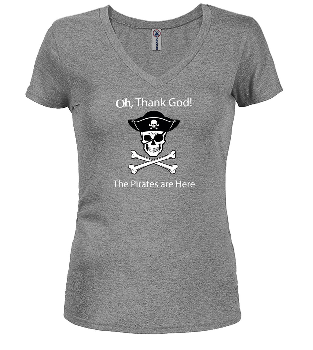 Gray The Pirates are Here Juniors V-Neck T-Shirt