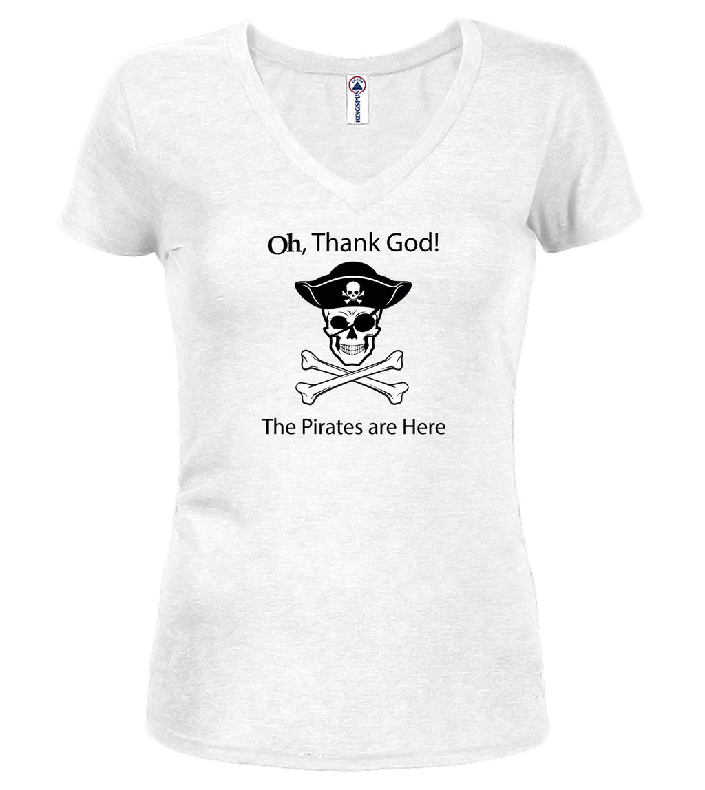 White The Pirates are Here Juniors V-Neck T-Shirt