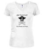 White The Pirates are Here Juniors V-Neck T-Shirt