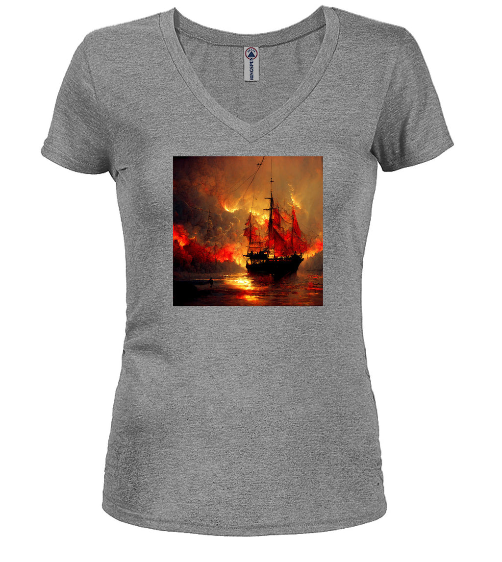 Gray Burning pirate Juniors V-Neck T-Shirt