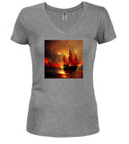 Gray Burning pirate Juniors V-Neck T-Shirt