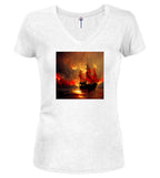 White Burning pirate Juniors V-Neck T-Shirt