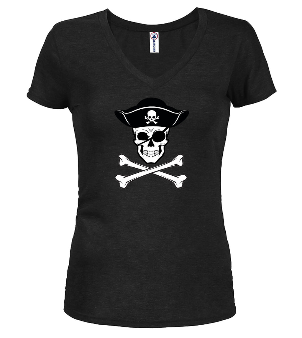 Black Pirate Jolly Roger Juniors V-Neck T-Shirt