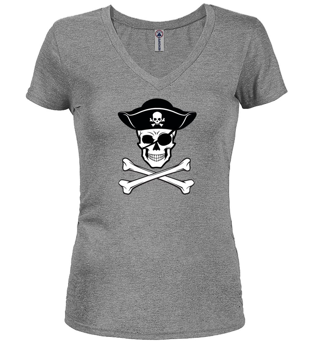Gray Pirate Jolly Roger Juniors V-Neck T-Shirt
