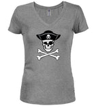 Gray Pirate Jolly Roger Juniors V-Neck T-Shirt