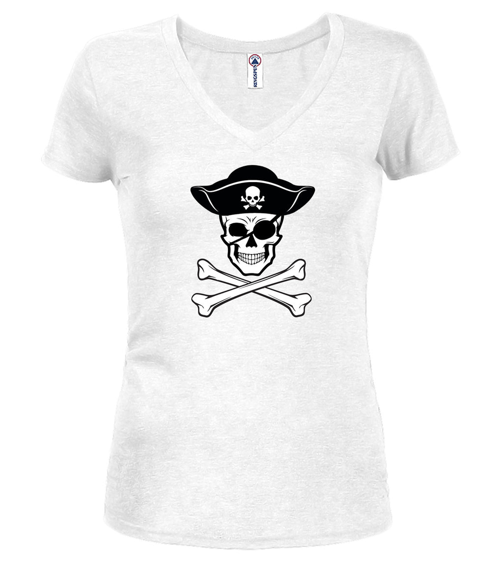 White Pirate Jolly Roger Juniors V-Neck T-Shirt