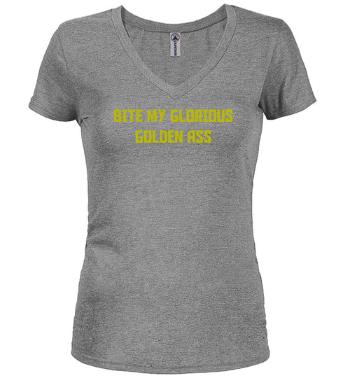 Gray Bite My Glorious Golden Ass Juniors V-Neck T-Shirt