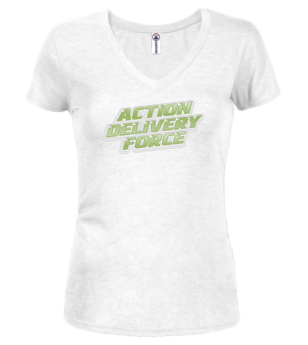 White Action Delivery Force Juniors V-Neck T-Shirt