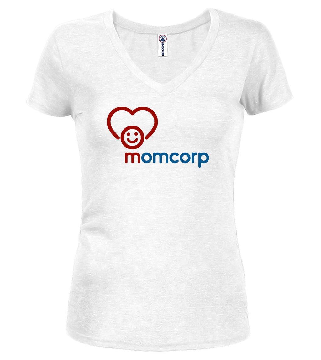 White Momcorp Logo Juniors V-Neck T-Shirt