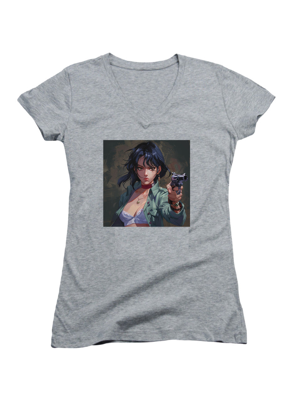Gray Gun in the Hand Juniors V-Neck T-Shirt