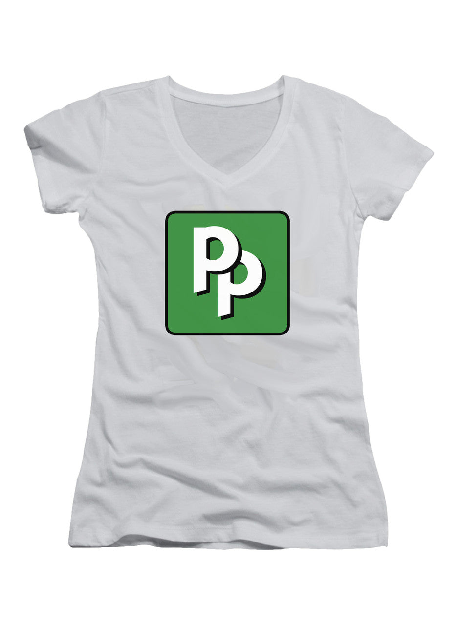 White Pied Piper PP Logo Juniors V-Neck T-Shirt