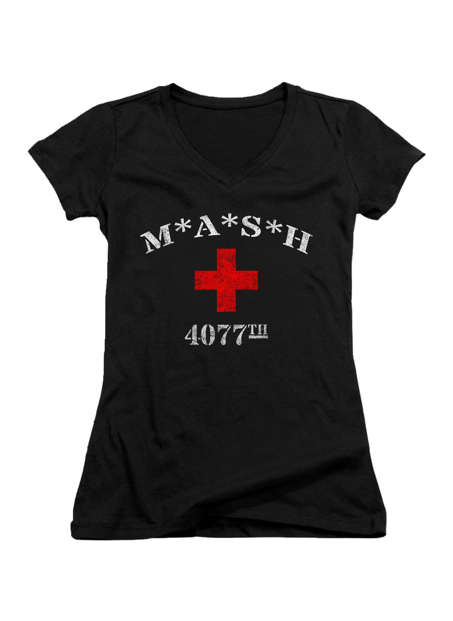 Black MASH 4077 Logo Juniors V-Neck T-Shirt
