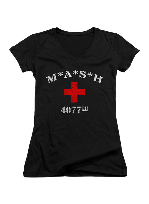 Black MASH 4077 Logo Juniors V-Neck T-Shirt