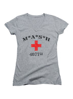Gray MASH 4077 Logo Juniors V-Neck T-Shirt