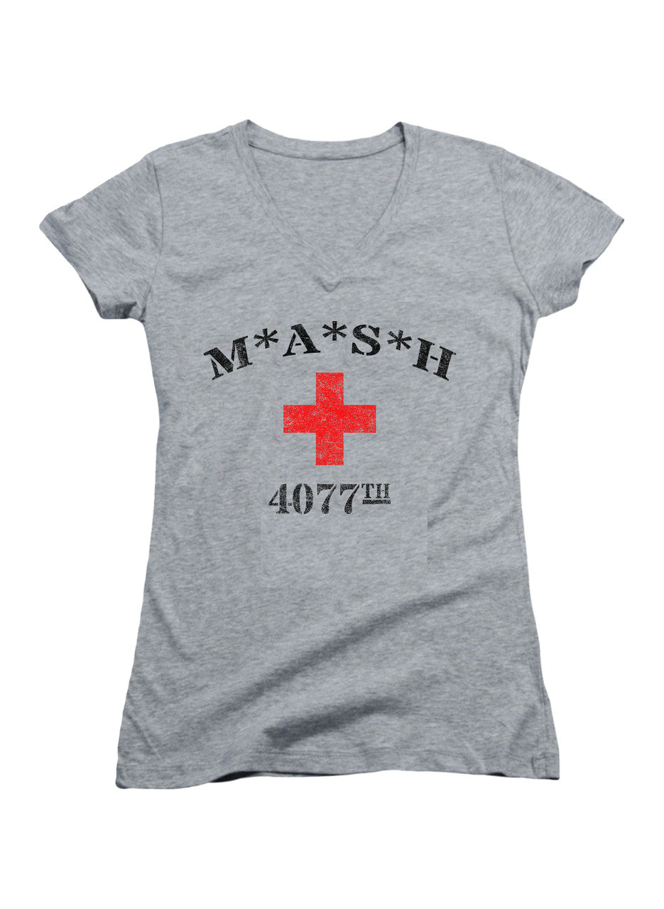 Gray MASH 4077 Logo Juniors V-Neck T-Shirt