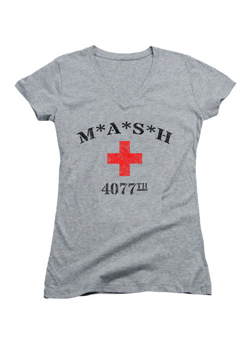 Gray MASH 4077 Logo Juniors V-Neck T-Shirt