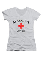 White MASH 4077 Logo Juniors V-Neck T-Shirt