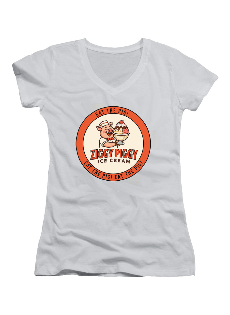White Ziggy Piggy Eat the Pig Juniors V-Neck T-Shirt