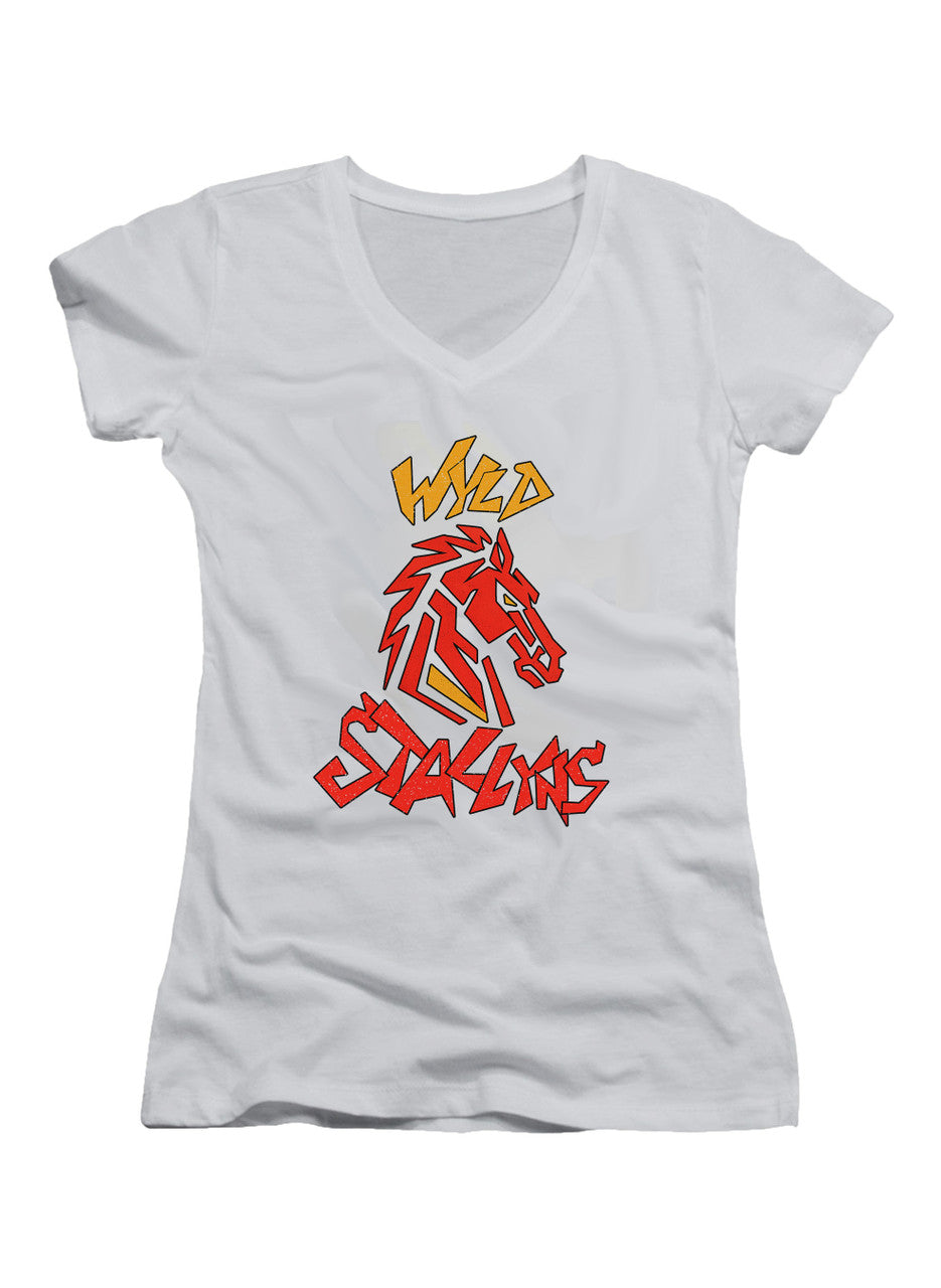 White Wyld Stallyns Horse Logo Juniors V-Neck T-Shirt