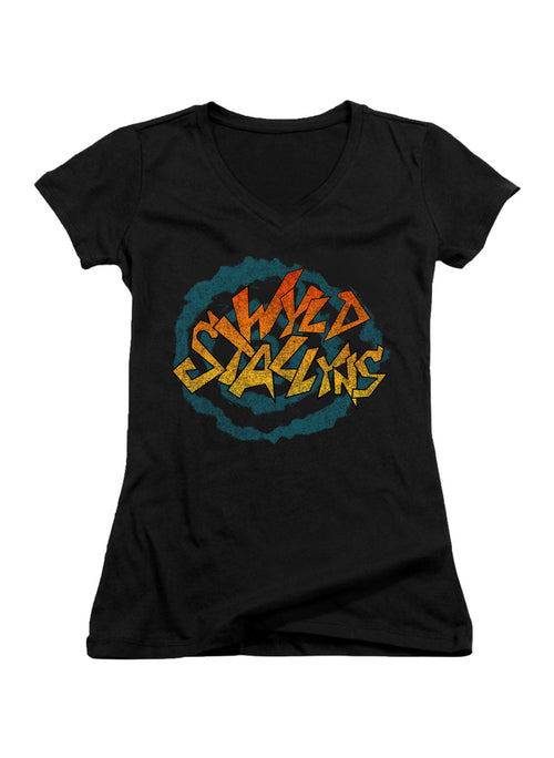 Black Wyld Stallyns Distressed Logo Juniors V-Neck T-Shirt