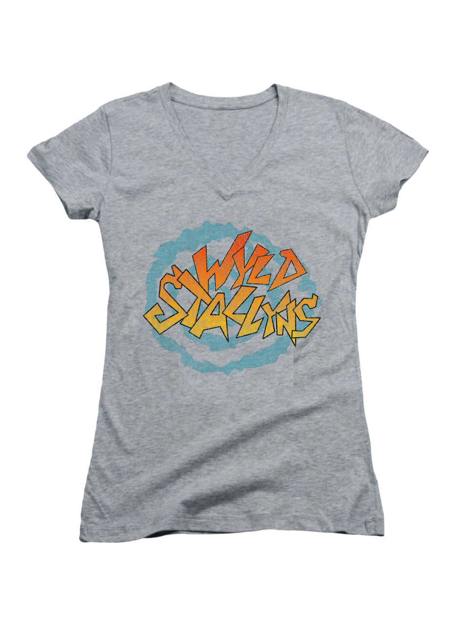 Gray Wyld Stallyns Distressed Logo Juniors V-Neck T-Shirt