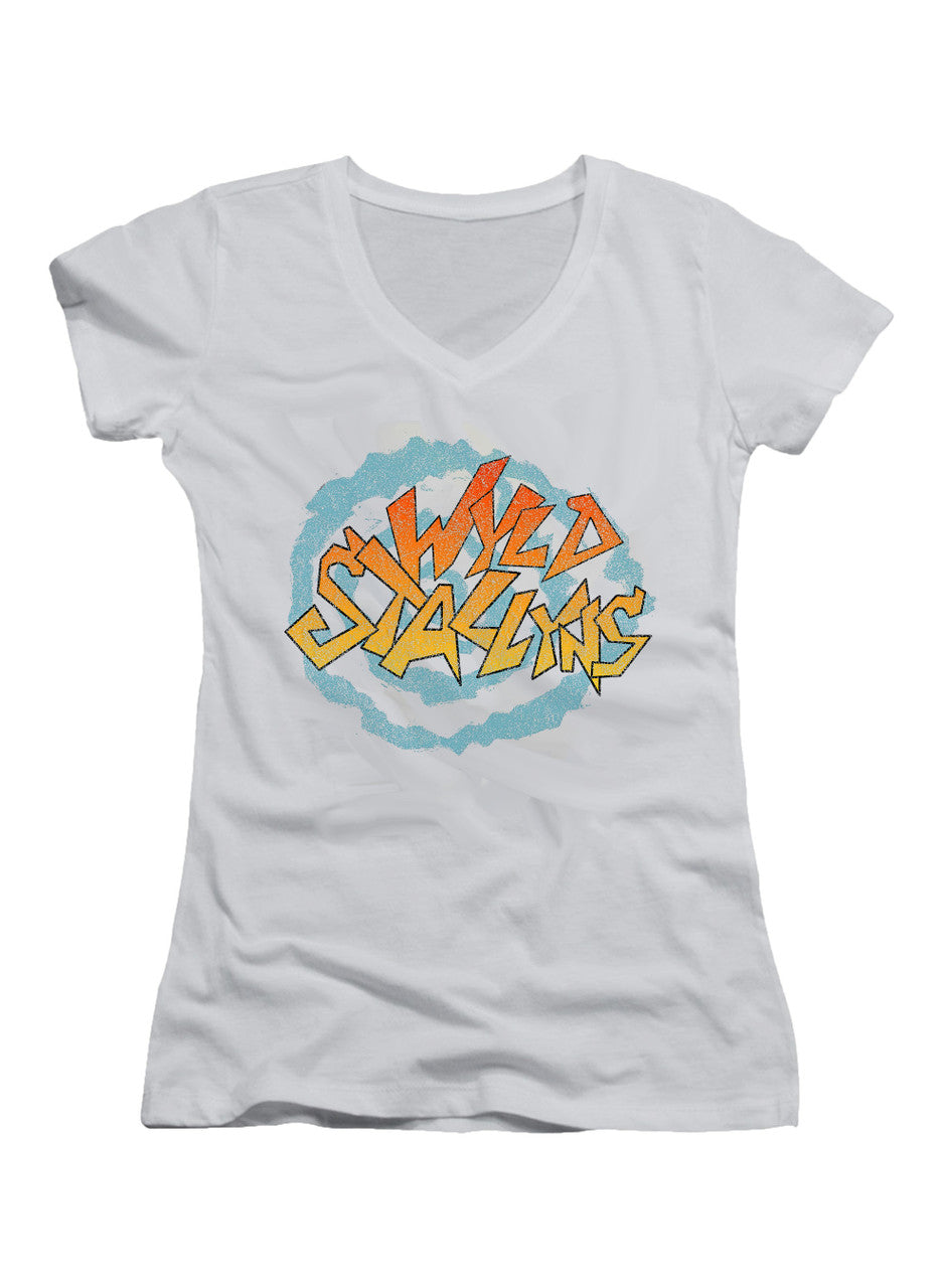 White Wyld Stallyns Distressed Logo Juniors V-Neck T-Shirt