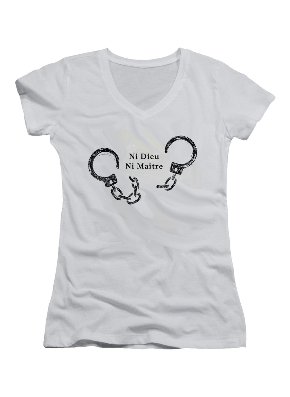White Ni Dieu Ni Maître (No Gods No Master) Juniors V-Neck T-Shirt