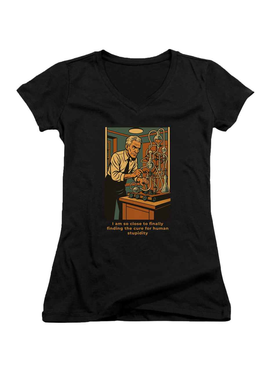 Black I am so close to finally finding the cure for human stupidity Juniors V-Neck T-Shirt
