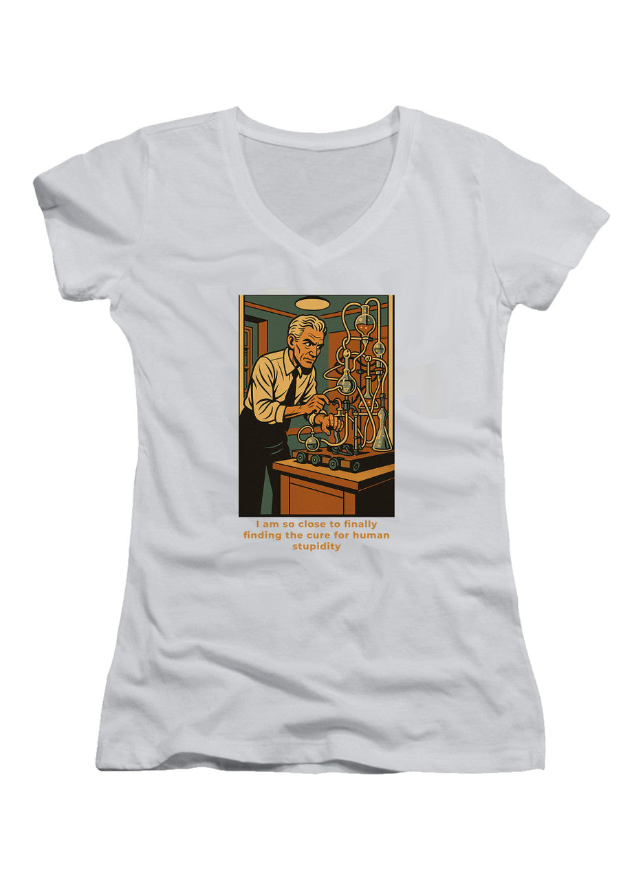White I am so close to finally finding the cure for human stupidity Juniors V-Neck T-Shirt