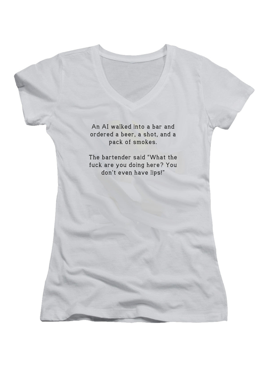 White An AI walked into a bar and ordered a beer, a shot, and a pack Juniors V-Neck T-Shirt