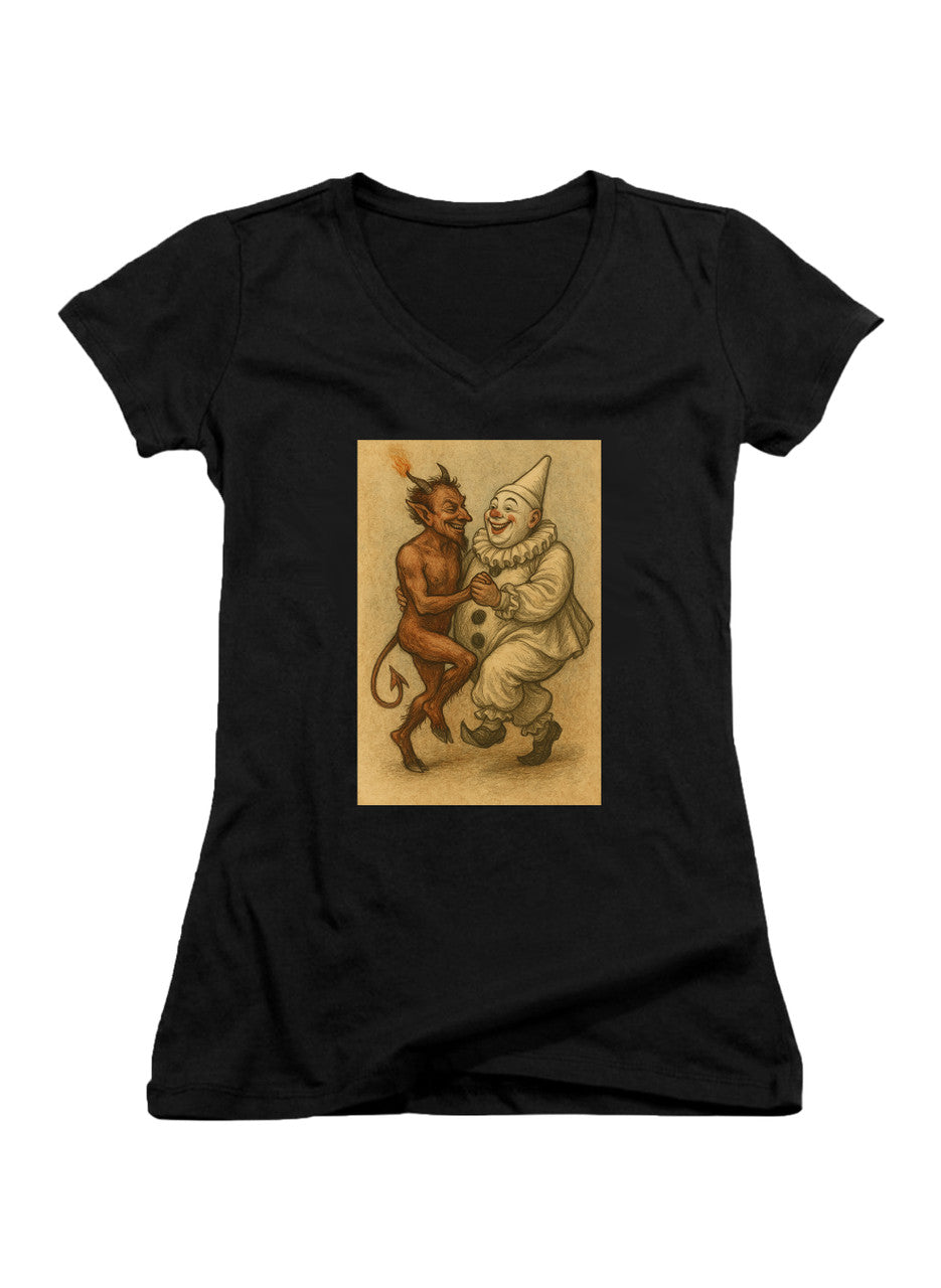 Black Dancing Devil Clown Juniors V-Neck T-Shirt