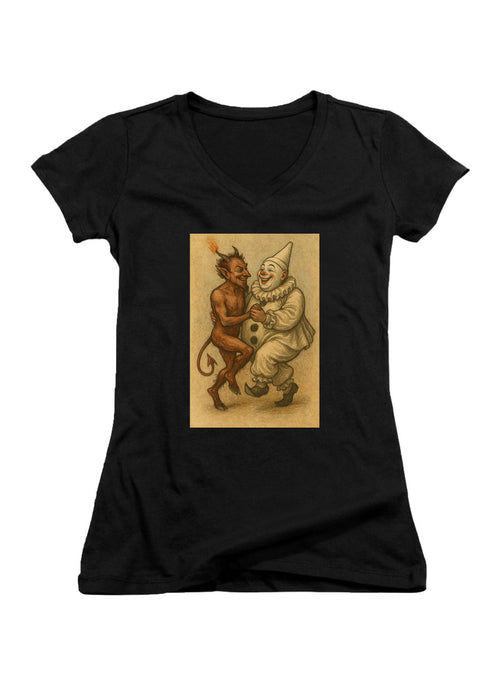 Black Dancing Devil Clown Juniors V-Neck T-Shirt