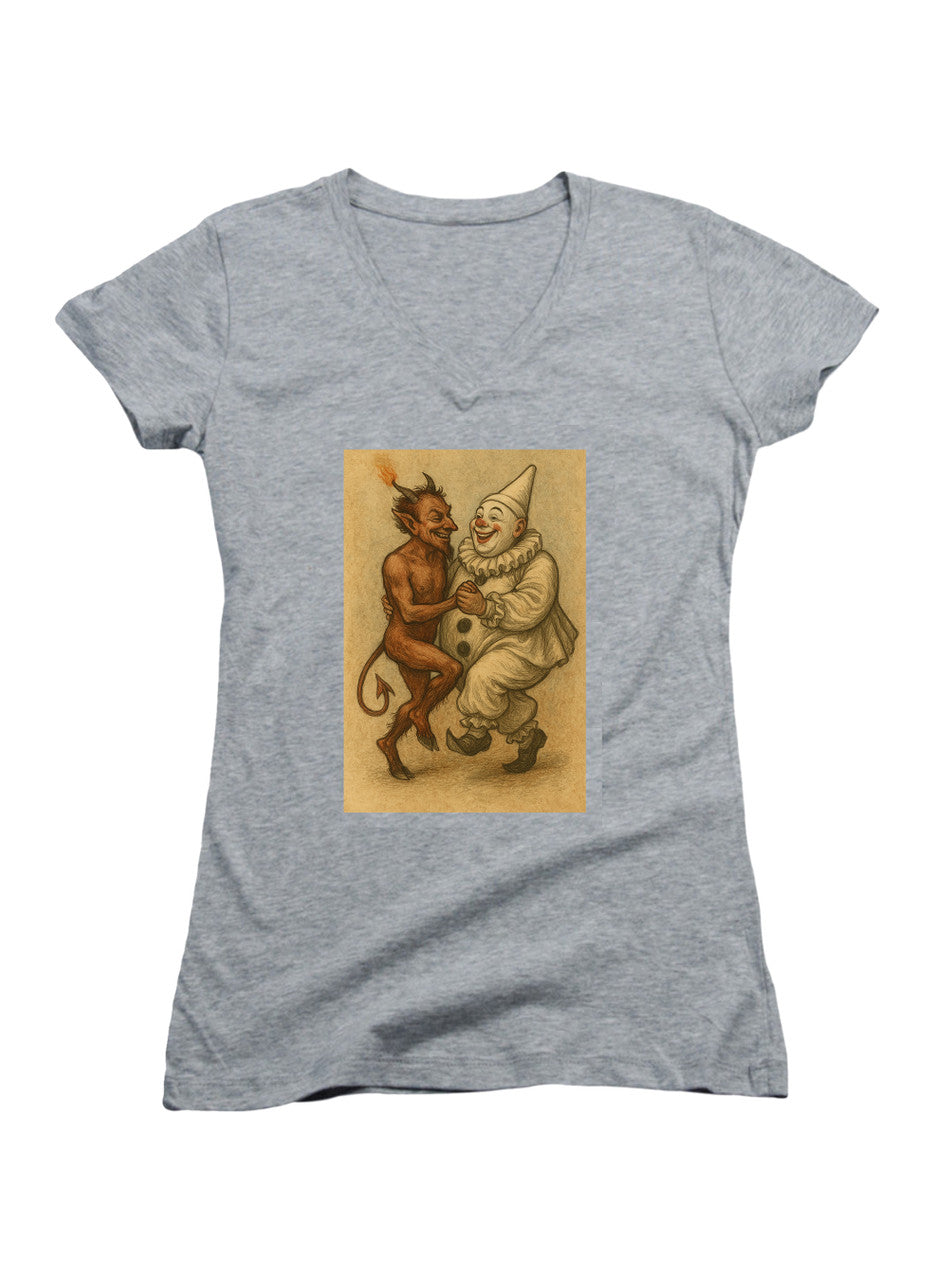 Gray Dancing Devil Clown Juniors V-Neck T-Shirt