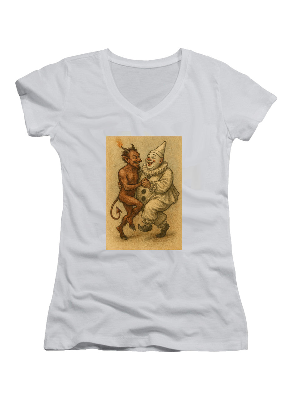 White Dancing Devil Clown Juniors V-Neck T-Shirt