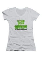 White Our Business is People Juniors V-Neck T-Shirt
