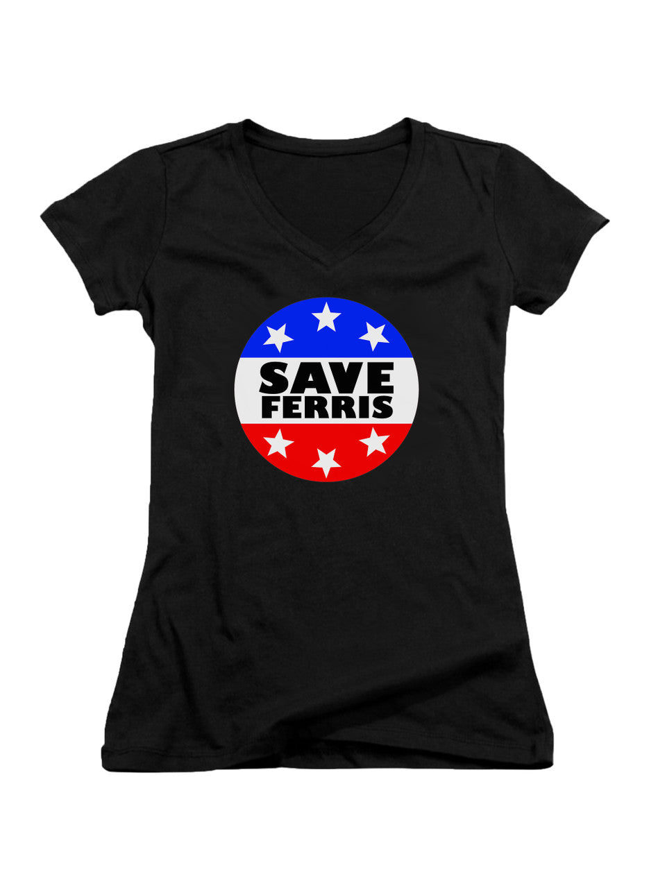 Black Save Ferris Badge Juniors V-Neck T-Shirt