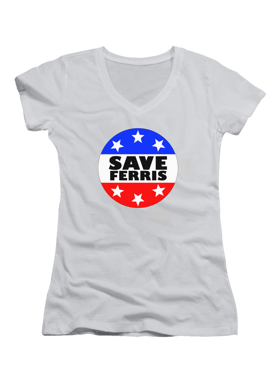 White Save Ferris Badge Juniors V-Neck T-Shirt