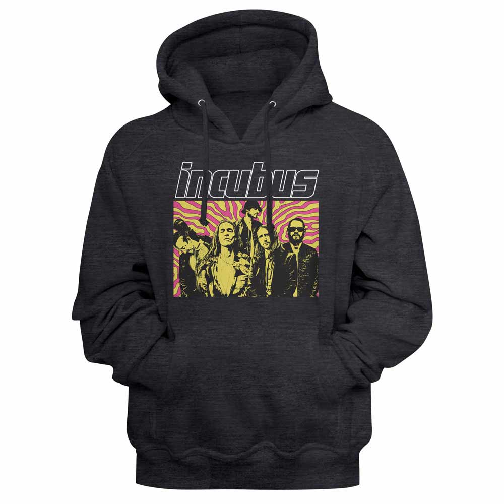 Charcoal heather Incubus pullover hoodie featuring a Swirl Background design