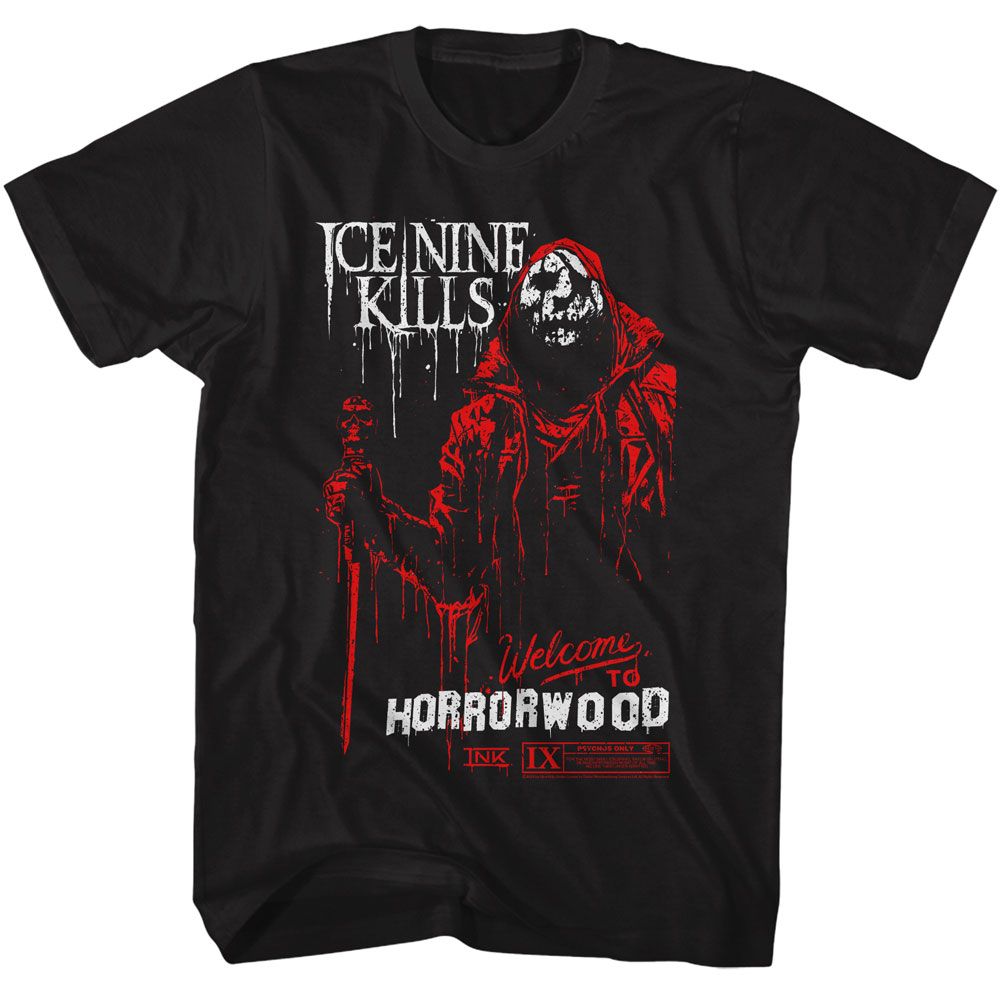 Black Ice Nine Kills t-shirt featuring Ice Nine Kills Welcome to Horrorwood design
