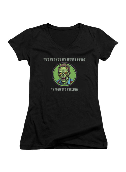 Black I've Earned My Merit Badge in Zombie Killing Juniors V-Neck T-Shirt