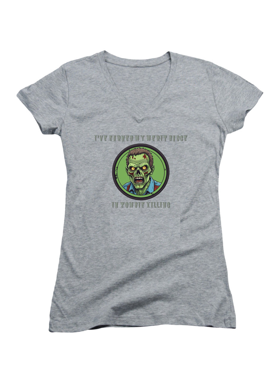 Gray I've Earned My Merit Badge in Zombie Killing Juniors V-Neck T-Shirt