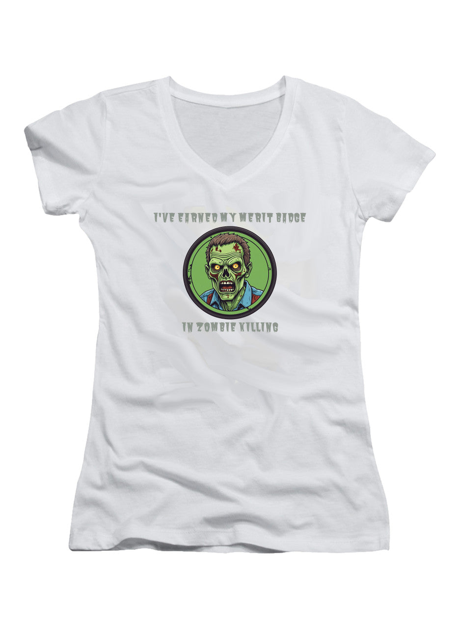 White I've Earned My Merit Badge in Zombie Killing Juniors V-Neck T-Shirt