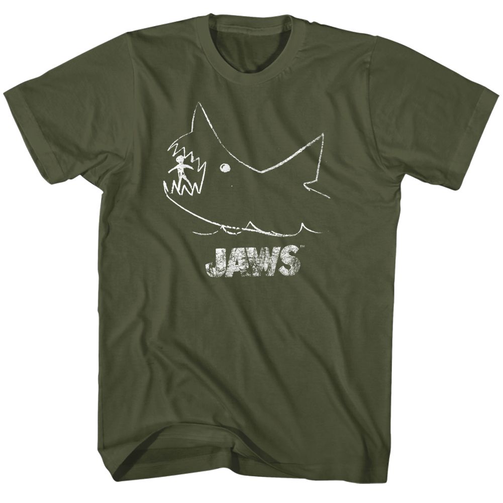Military green Jaws t-shirt featuring Jaws Chalkboard design