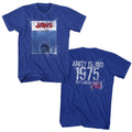 Royal blue Jaws t-shirt featuring Jaws 1975 release year design