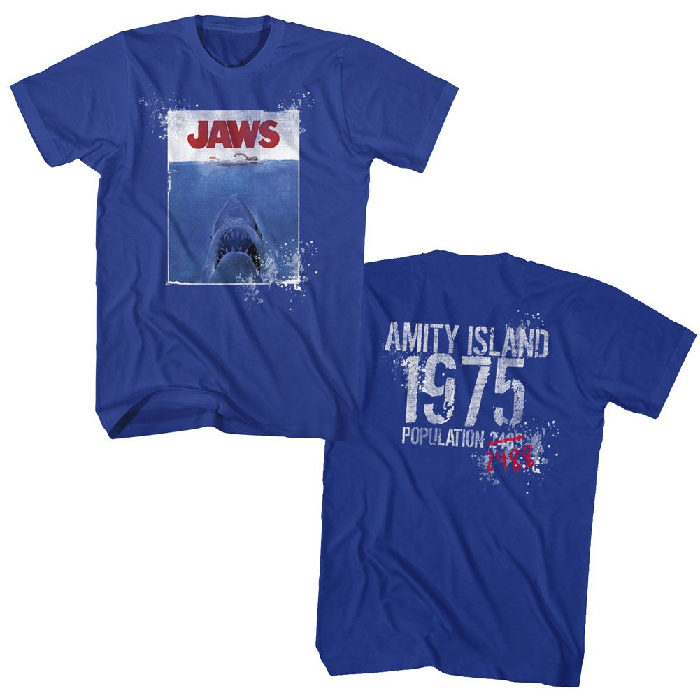 Royal blue Jaws t-shirt featuring Jaws 1975 release year design