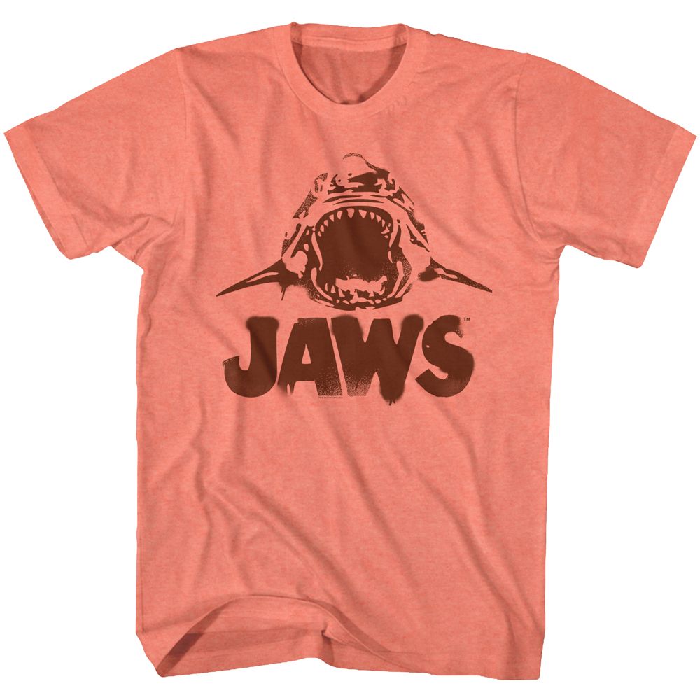 Retro coral heather Jaws t-shirt featuring Jaws Neon Jaws design