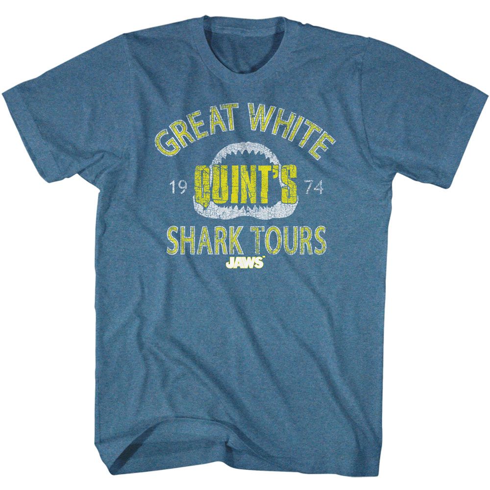 Indigo heather Jaws t-shirt featuring Jaws Shark Tour design