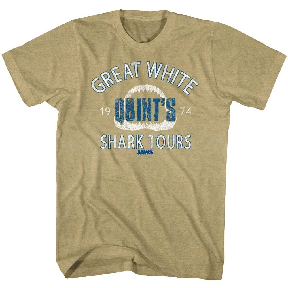 Khaki Heather Jaws t-shirt featuring a Shark Tour design