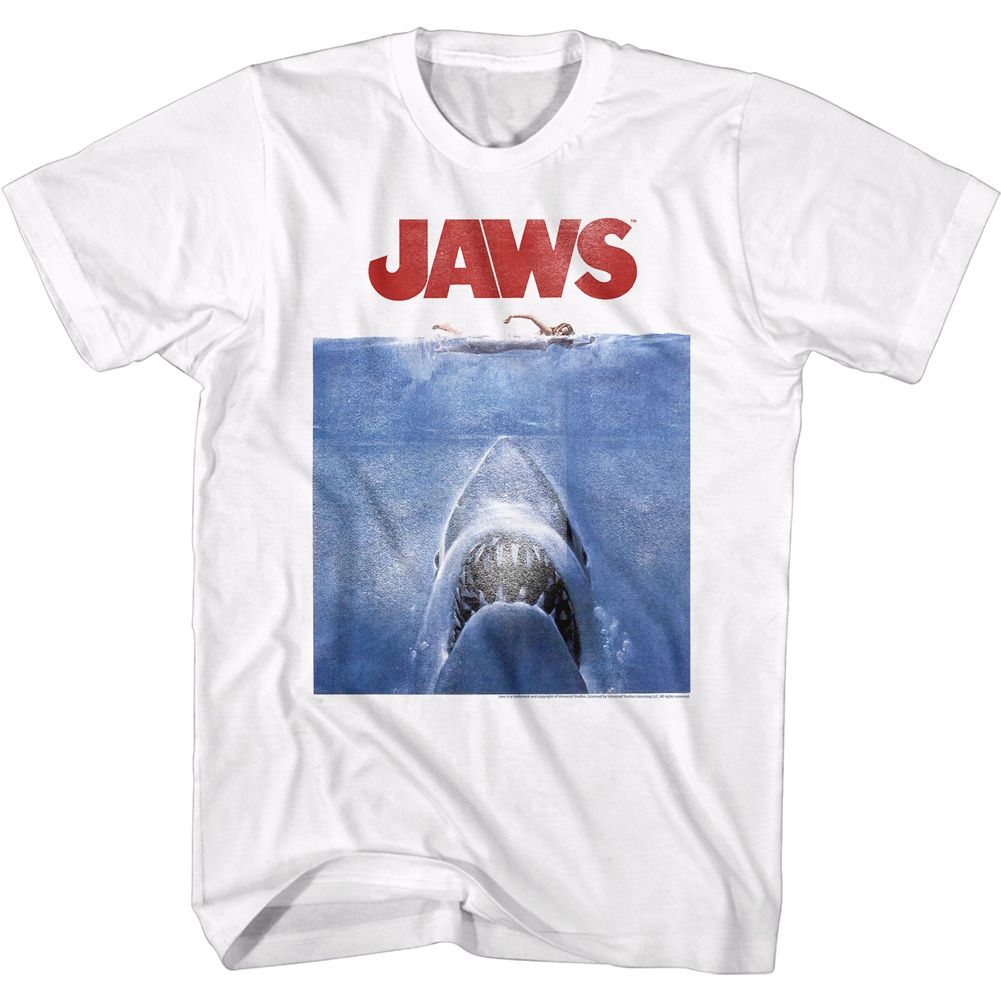 White Jaws t-shirt featuring Jaws Blue Poster design